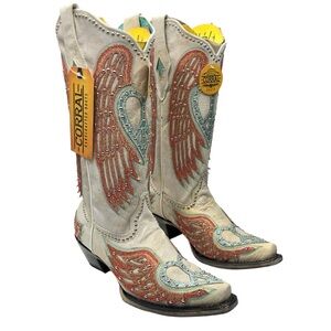 NWT Corral “Heart and Wings” Overlay Embroidered Snip Toe 🪽Boots 🪽Bone Sz 7.5